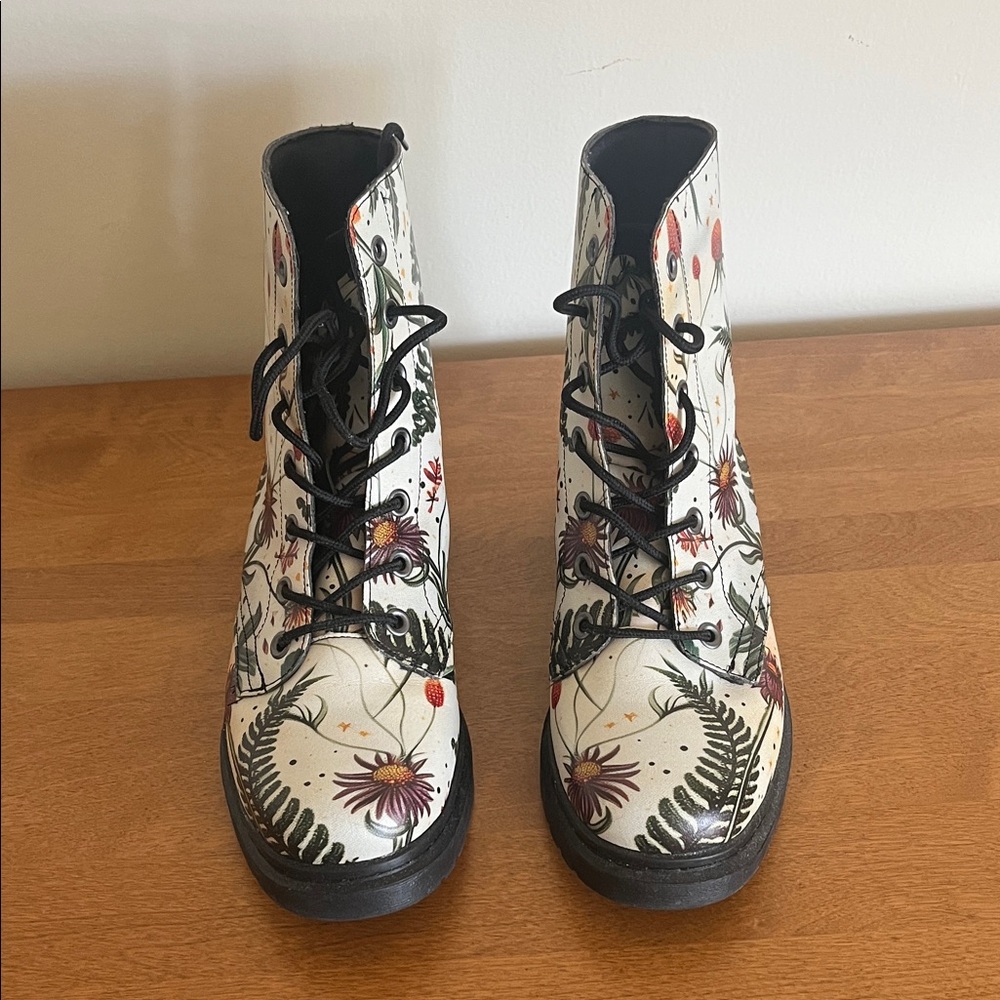 Floral Lace-Up Combat Boots - White and Black